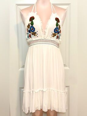 Letarte Embroidered Halter Dress Tassel Back White Boho Resort Small
